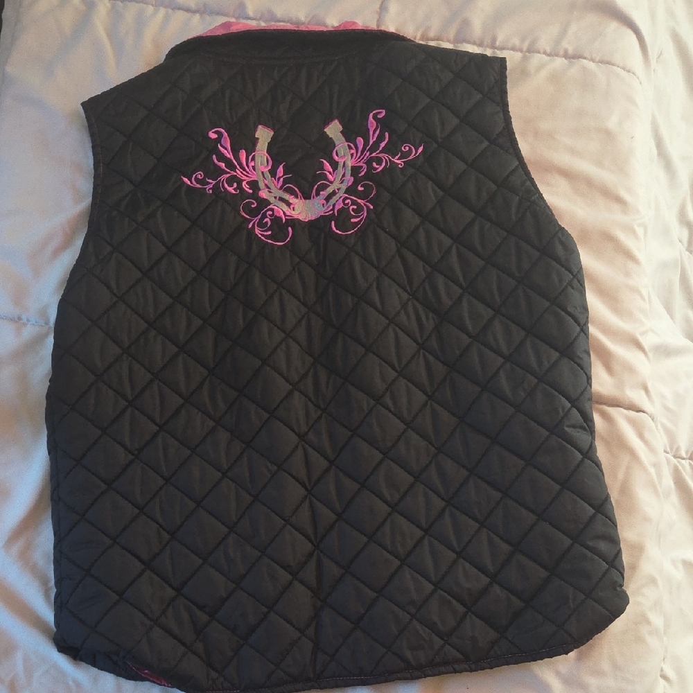 Black Quilted Vest with Pink Embroidery